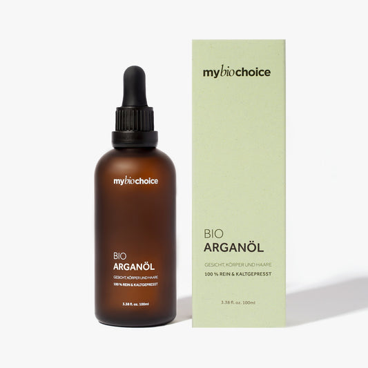 mybiochoice Bio Arganöl in einer matten Bernsteinflasche, 100 ml, mit Pipette, zur Pflege von Gesicht, Körper und Haaren.