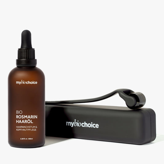 mybiochoice Bio Rosmarin Haaröl, 100 ml Flasche mit einem schwarzen Dermaroller und Aufbewahrungsbox, für Kopfhautpflege und Haarwachstum.