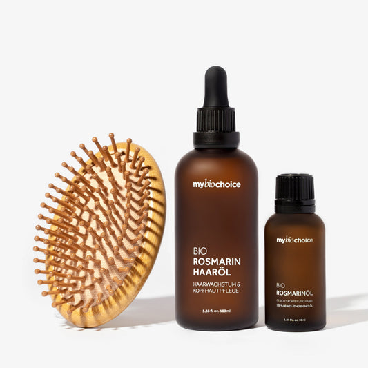 mybiochoice Bio Rosmarin Haaröl-Set, 100 ml und 30 ml, mit Bambus-Kopfhautbürste, für Haarwachstum und Kopfhautpflege.