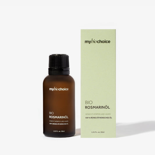 Mybiochoice Bio Rosmarinöl, 30 ml, für Haut, Körper und Haare, in einer matten Bernsteinflasche neben Verpackung. 100 % reines ätherisches Öl.