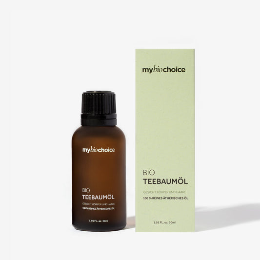 Mybiochoice Bio Teebaumöl, 30 ml, für Haut, Körper und Haare, in einer matten Bernsteinflasche neben Verpackung. 100 % reines ätherisches Öl.