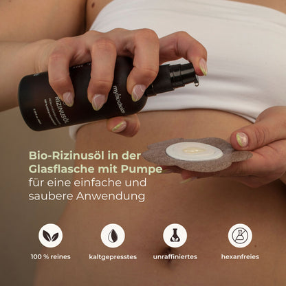 Bio-Rizinusöl in der Glasflasche mit Pumpe – ideal für eine saubere Anwendung der Pflaster.