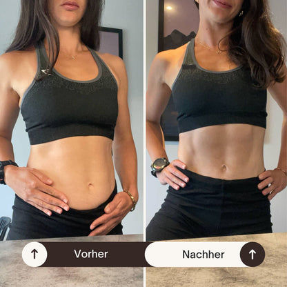 Vorher-Nachher-Vergleich einer sportlichen Frau: links mit leichtem Blähbauch, rechts mit definierter Bauchmuskulatur.