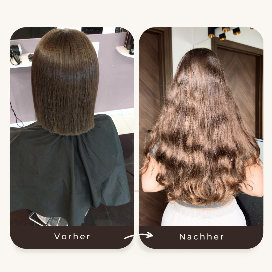 Vorher-Nachher-Bild mit mybiochoice Bio Rosmarin Haaröl: Kurze, glatte Haare vor der Anwendung, lange, wellige Haare danach.